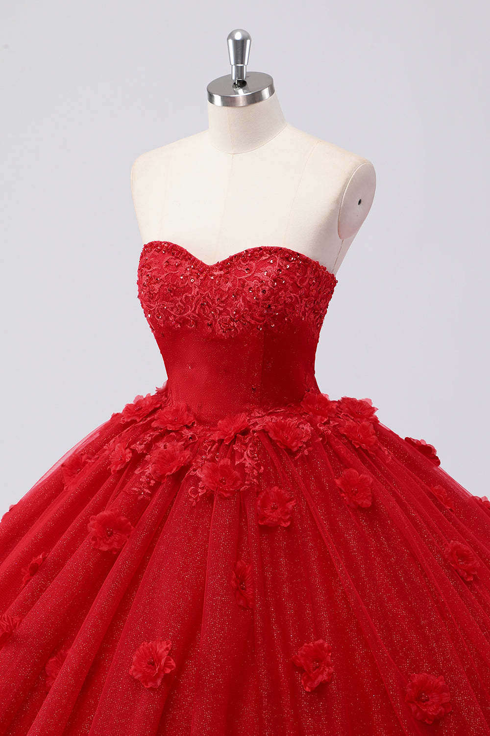 Glitter Red Sweetheart 3D Flower Ball Gown Quinceañera Dress