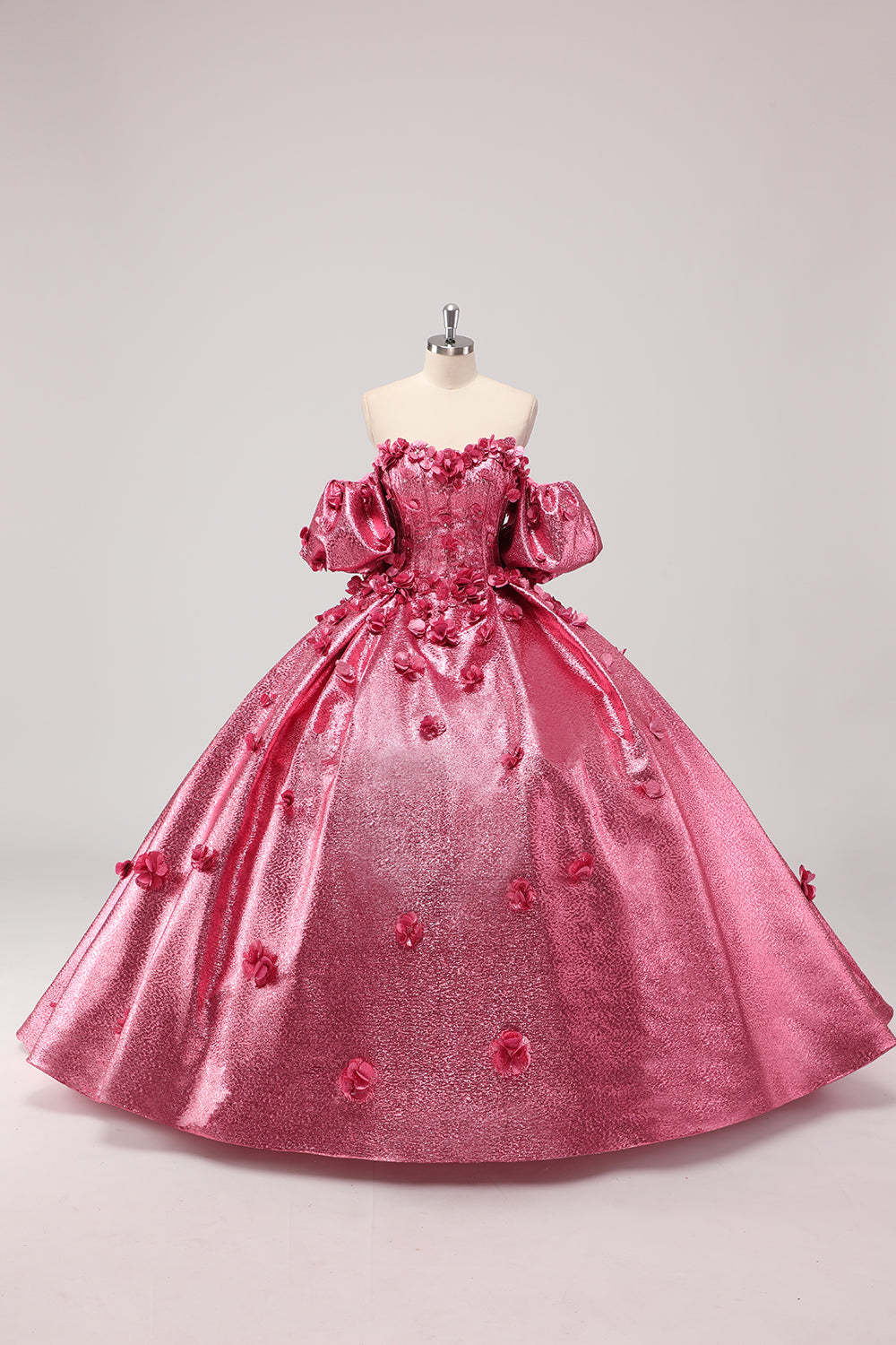 Leely Women Fuchsia Sweetheart 3D Flower Ball Gown Quincea?era Dress with Puff Sleeves Strapless Maxi Sweetheart Dress