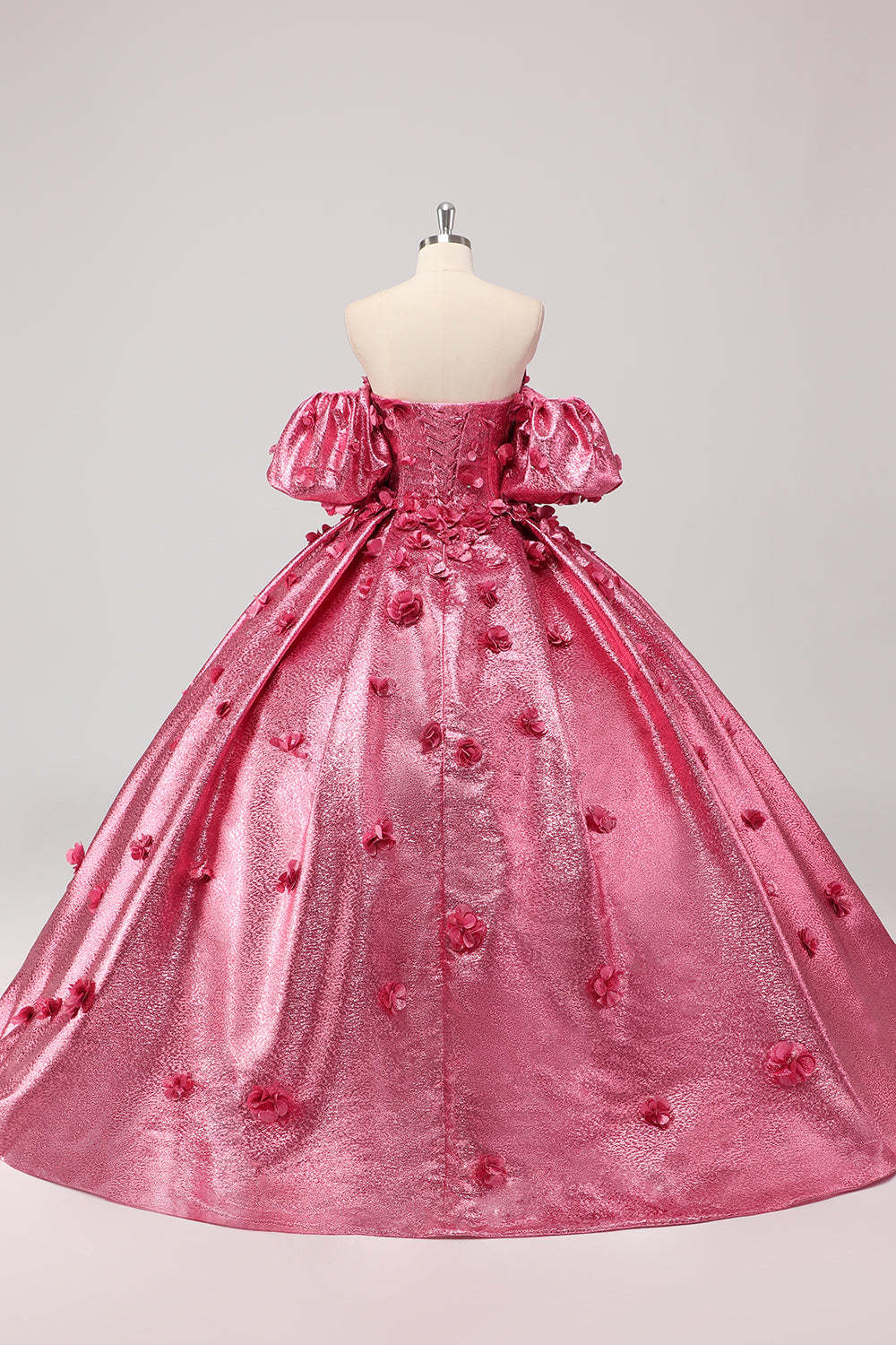 Fuchsia Sweetheart 3D Flower Ball Gown Quincea?era Dress with Puff Sleeves