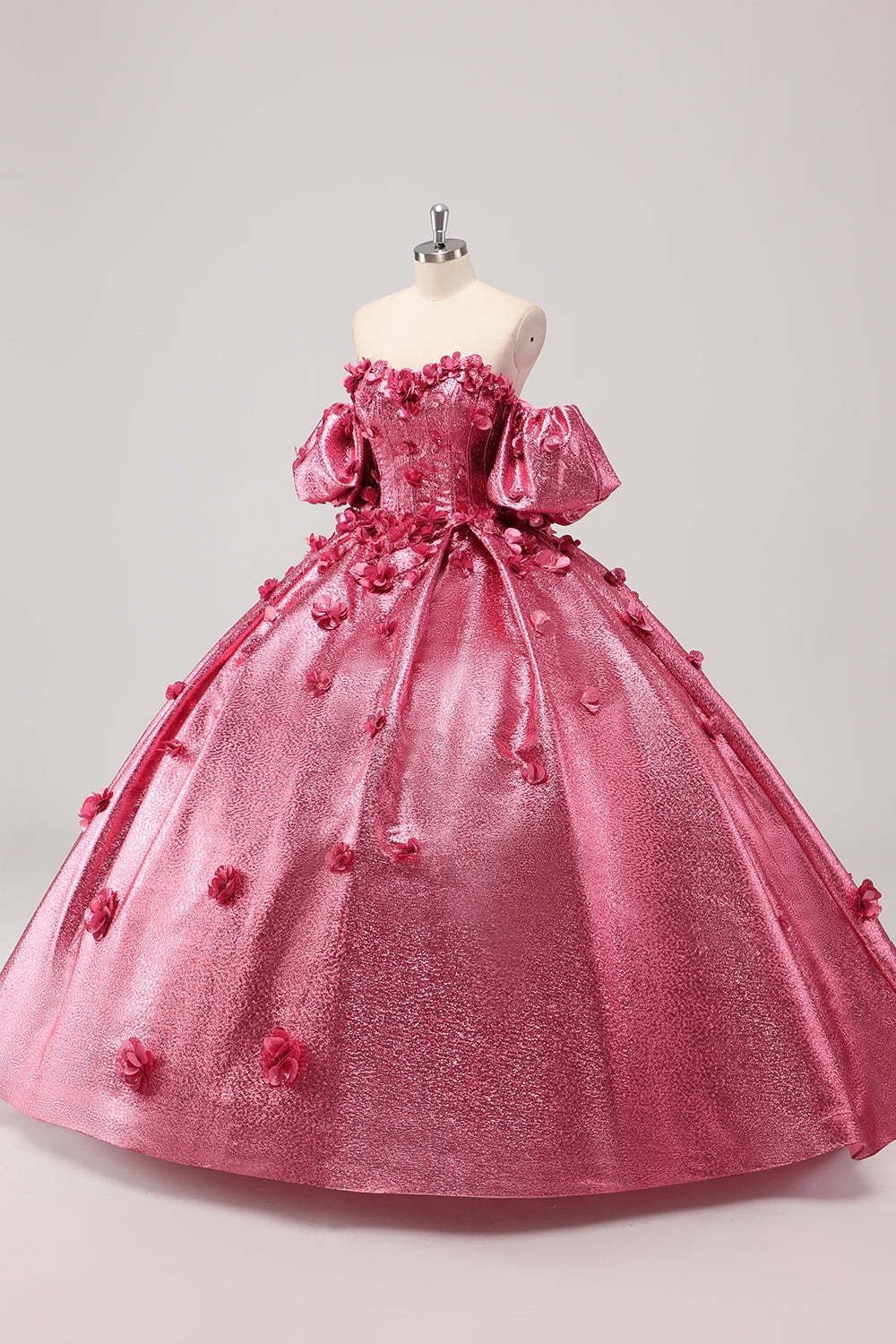 Fuchsia Sweetheart 3D Flower Ball Gown Quincea?era Dress with Puff Sleeves