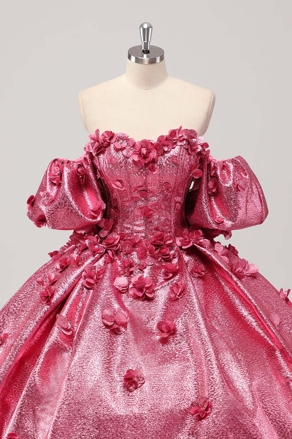 Fuchsia Sweetheart 3D Flower Ball Gown Quincea?era Dress with Puff Sleeves