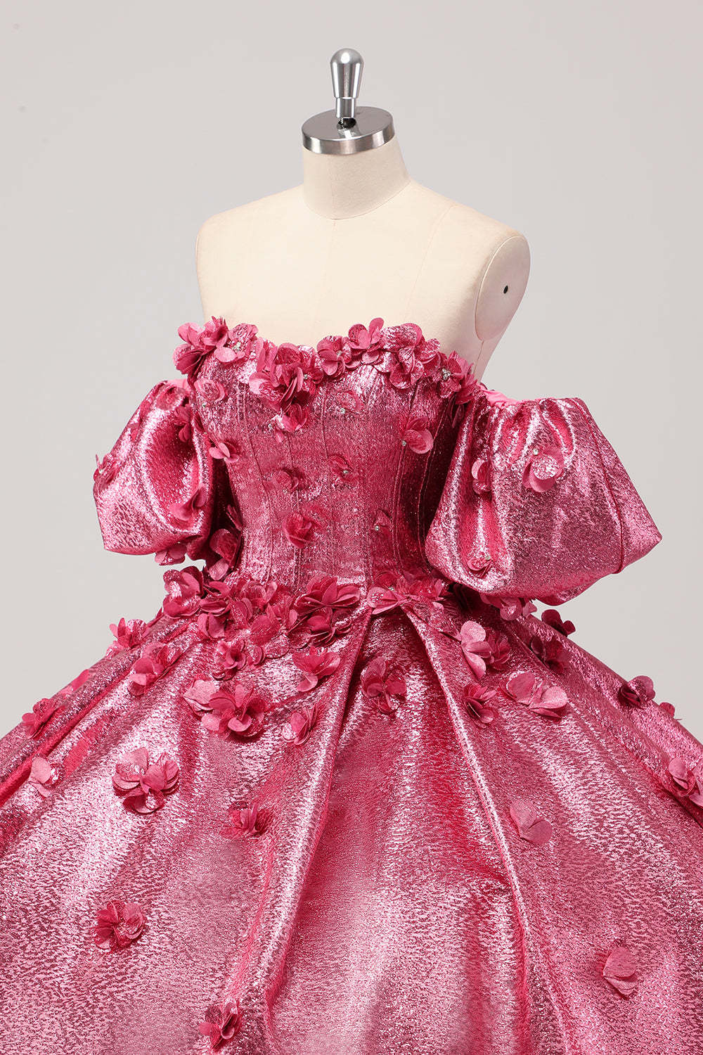 Fuchsia Sweetheart 3D Flower Ball Gown Quincea?era Dress with Puff Sleeves