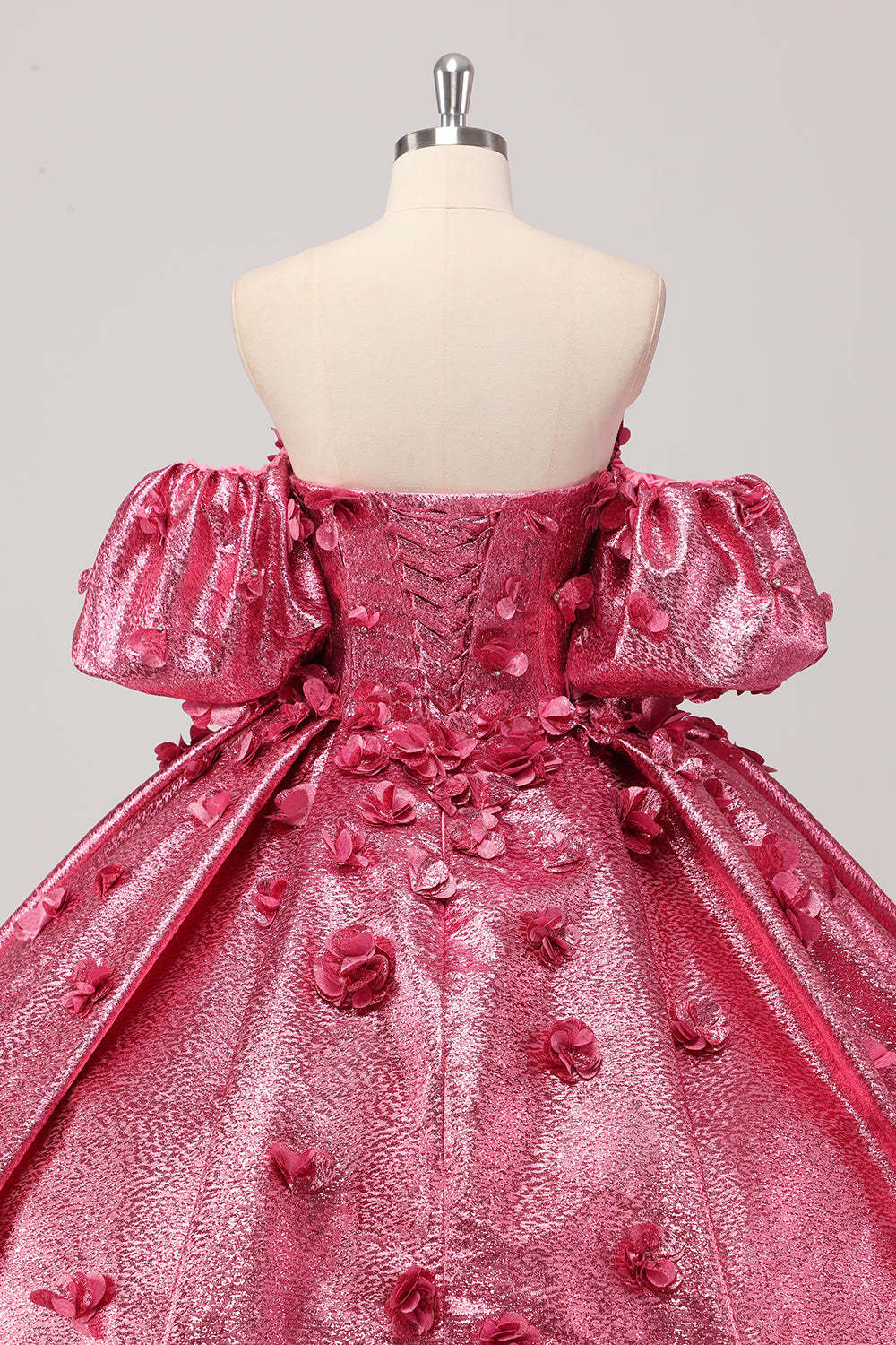 Fuchsia Sweetheart 3D Flower Ball Gown Quincea?era Dress with Puff Sleeves