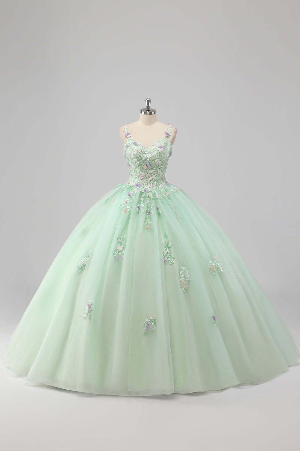 Leely Women Green Spaghetti Straps 3D Flower Ball Gown Quincea?era Dress Maxi Sweetheart Dress