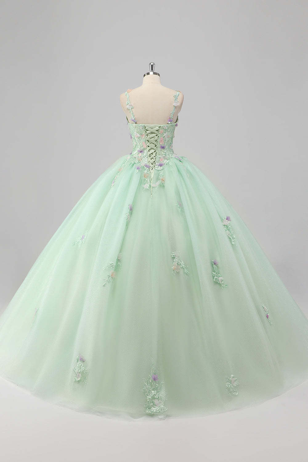 Green Spaghetti Straps 3D Flower Ball Gown Quincea?era Dress