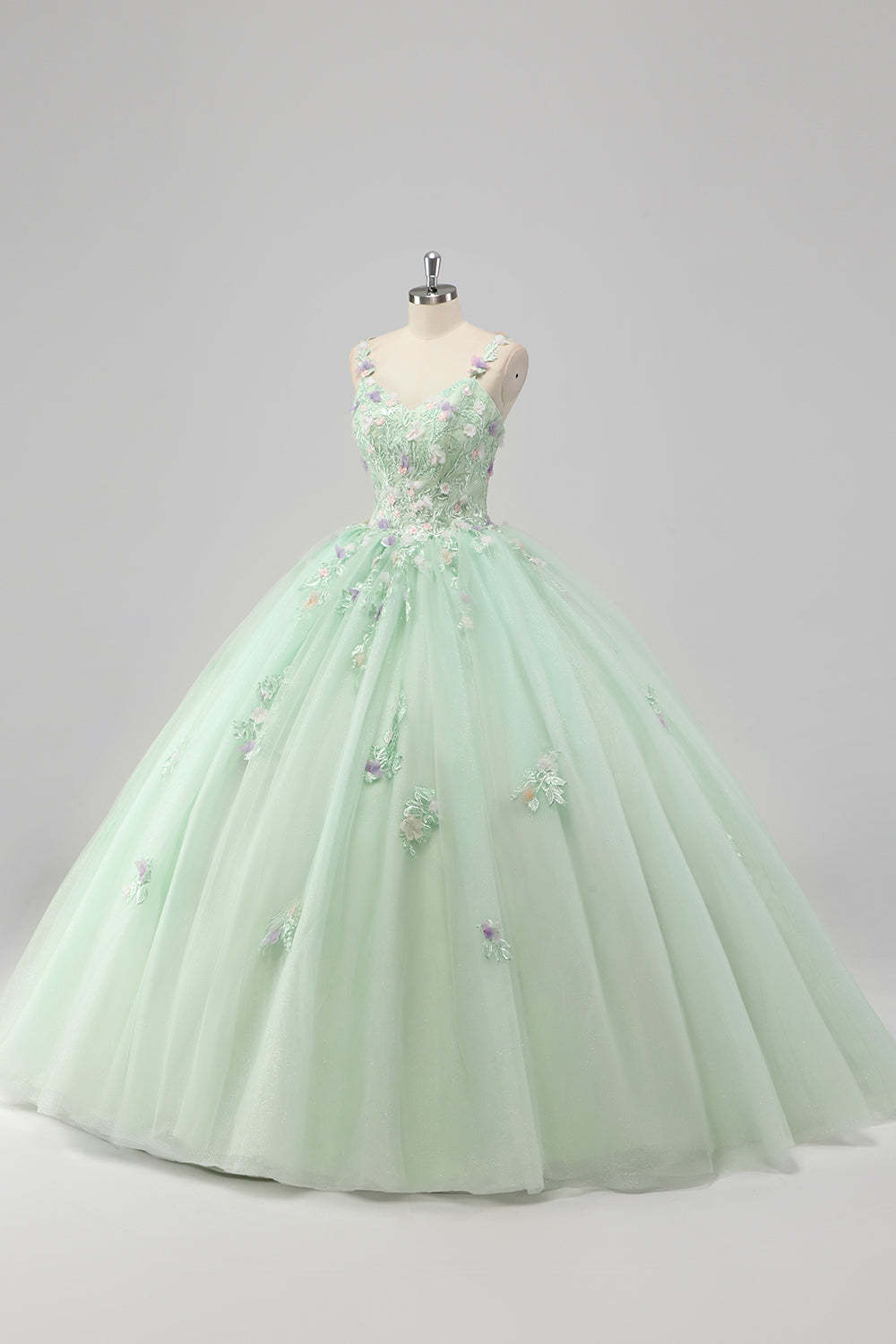 Green Spaghetti Straps 3D Flower Ball Gown Quincea?era Dress