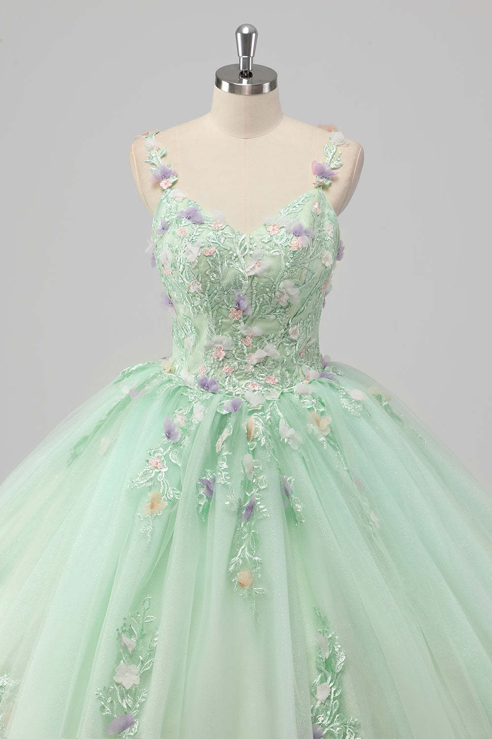 Green Spaghetti Straps 3D Flower Ball Gown Quincea?era Dress