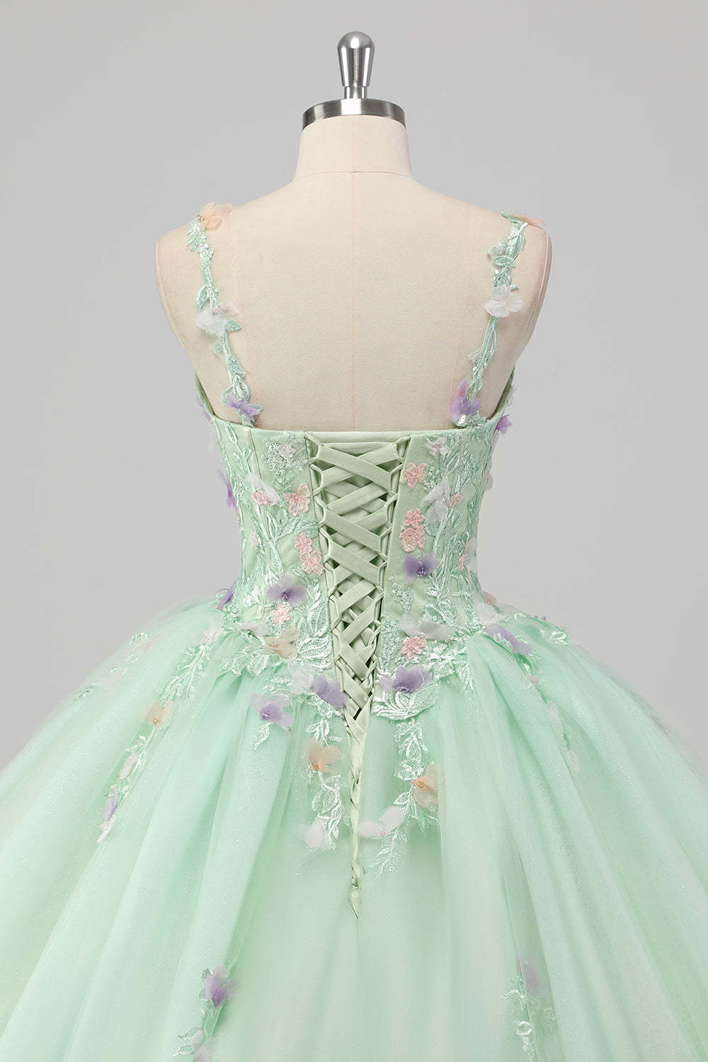 Green Spaghetti Straps 3D Flower Ball Gown Quincea?era Dress