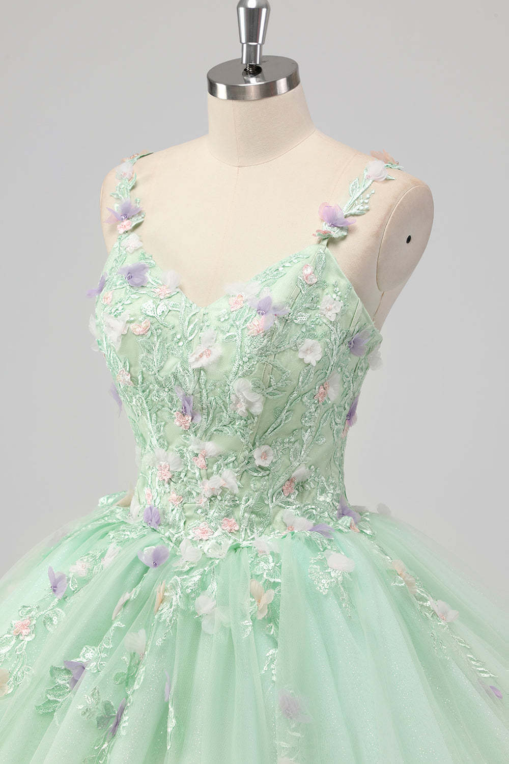 Green Spaghetti Straps 3D Flower Ball Gown Quincea?era Dress