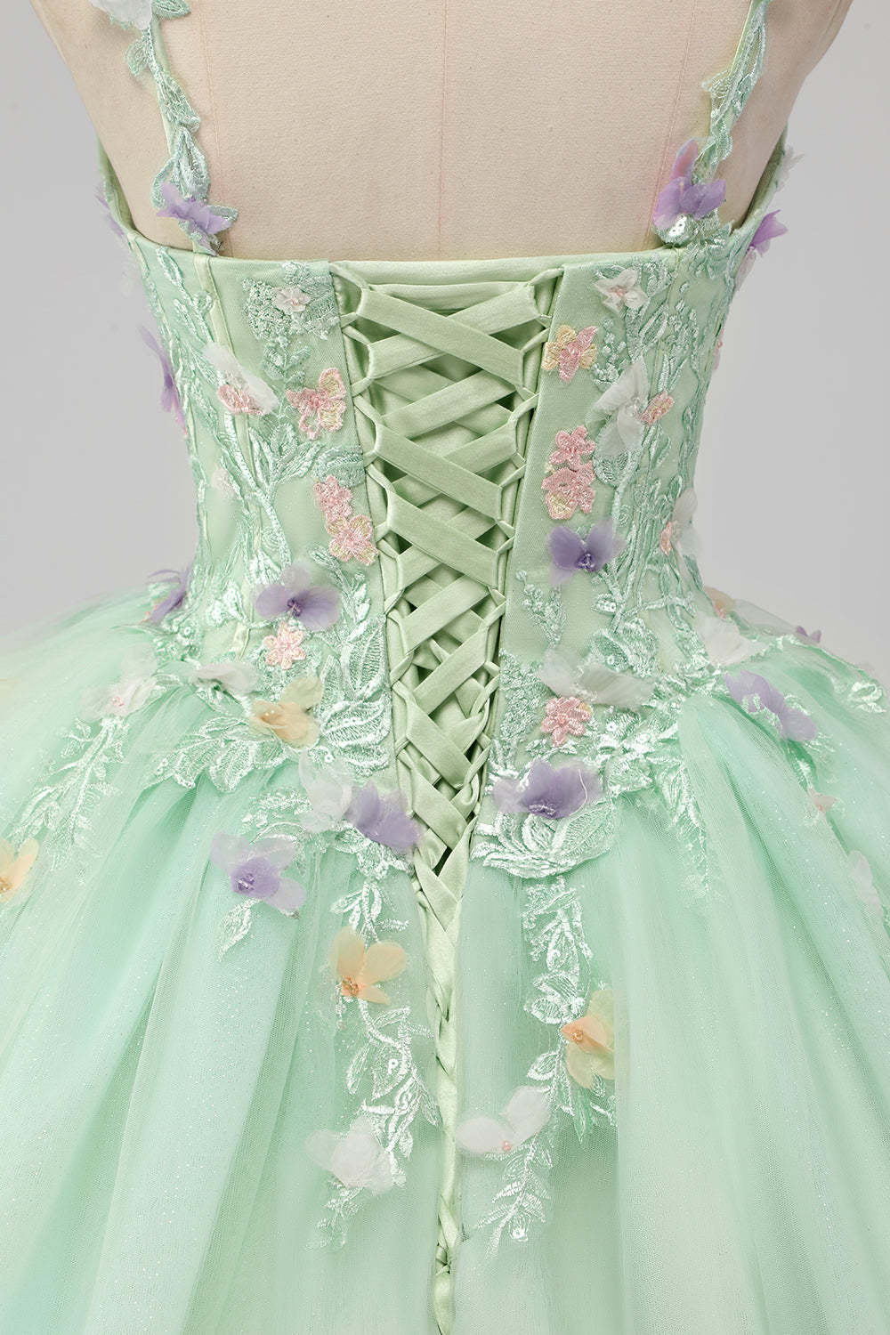 Green Spaghetti Straps 3D Flower Ball Gown Quincea?era Dress