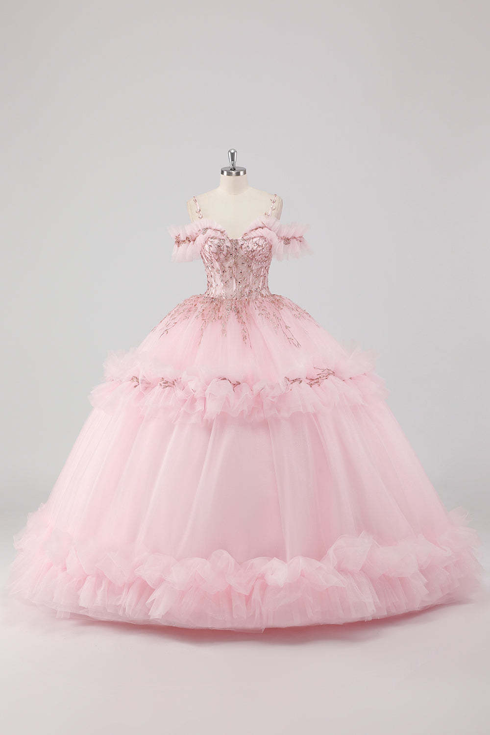 Leely Women Blush Cold Shoulder Corset Ruffles Beaded Ball Gown Quincea?era Dress Tulle Maxi Sweetheart Dress