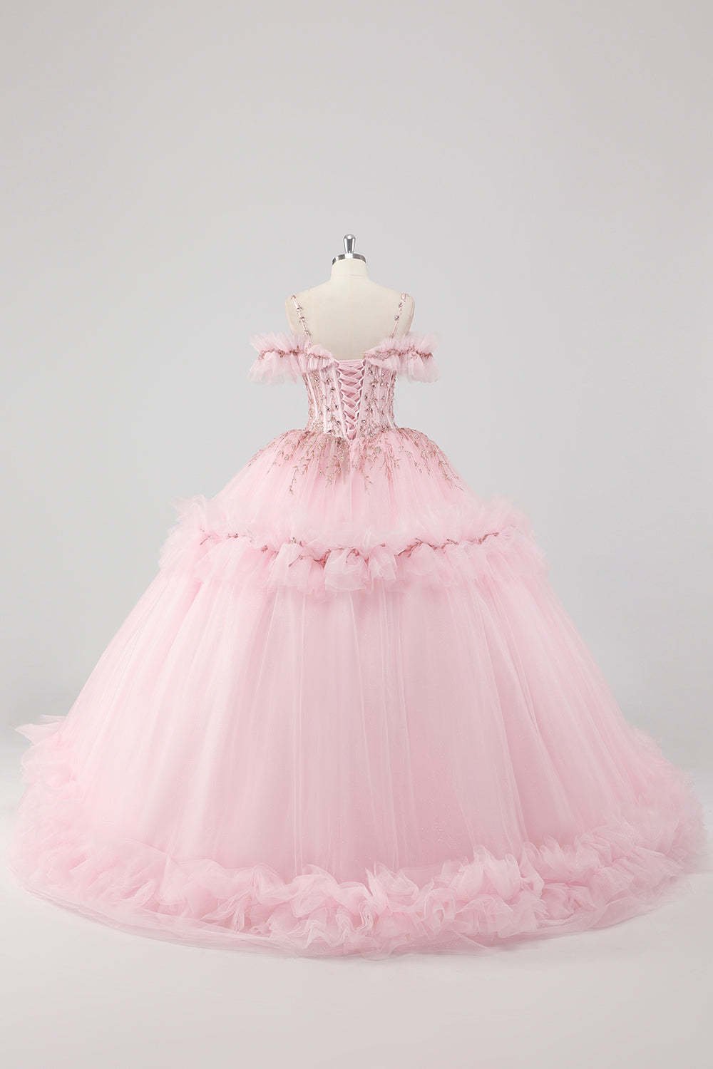 Blush Cold Shoulder Corset Ruffles Beaded Ball Gown Quinceañera Dress