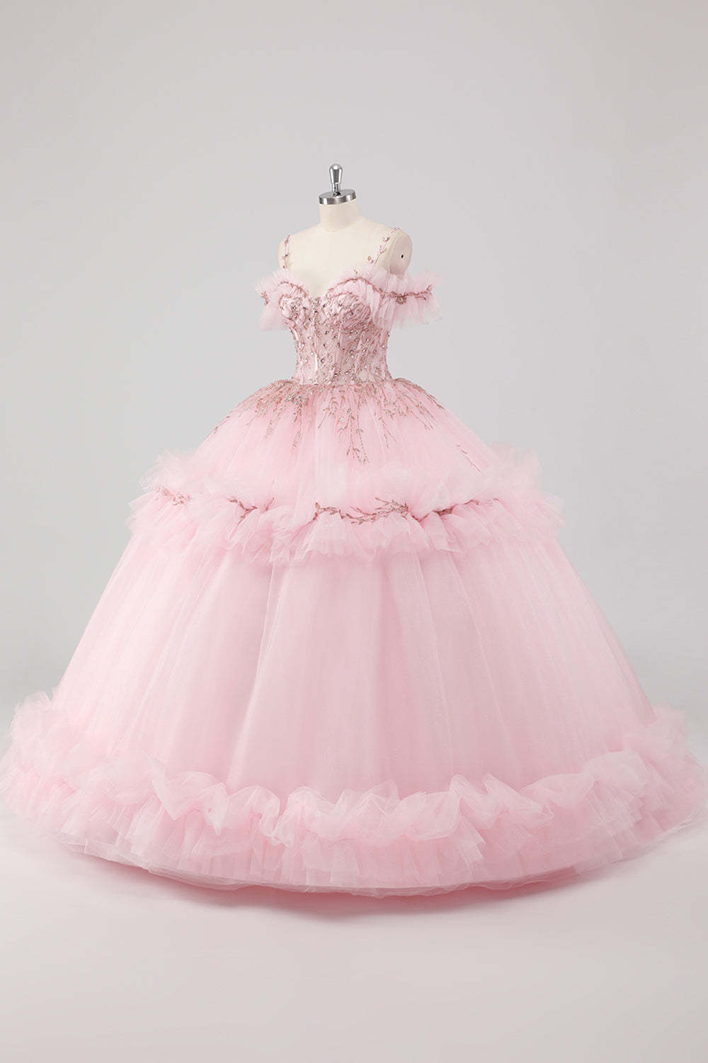Blush Cold Shoulder Corset Ruffles Beaded Ball Gown Quinceañera Dress