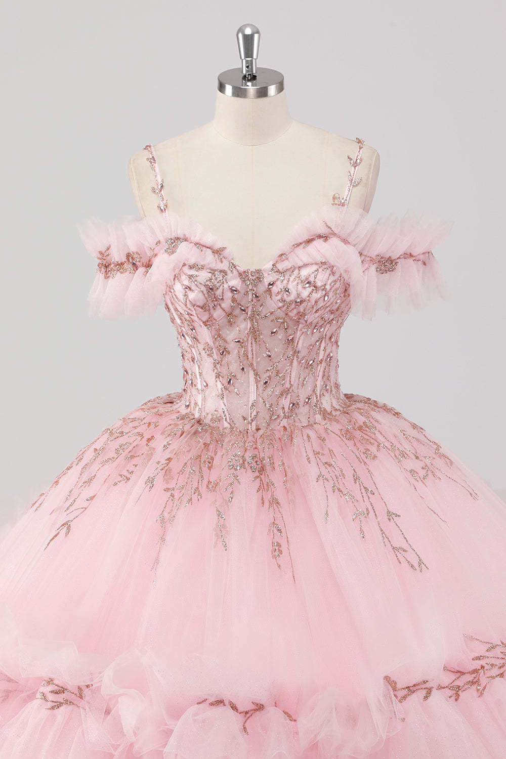 Blush Cold Shoulder Corset Ruffles Beaded Ball Gown Quinceañera Dress