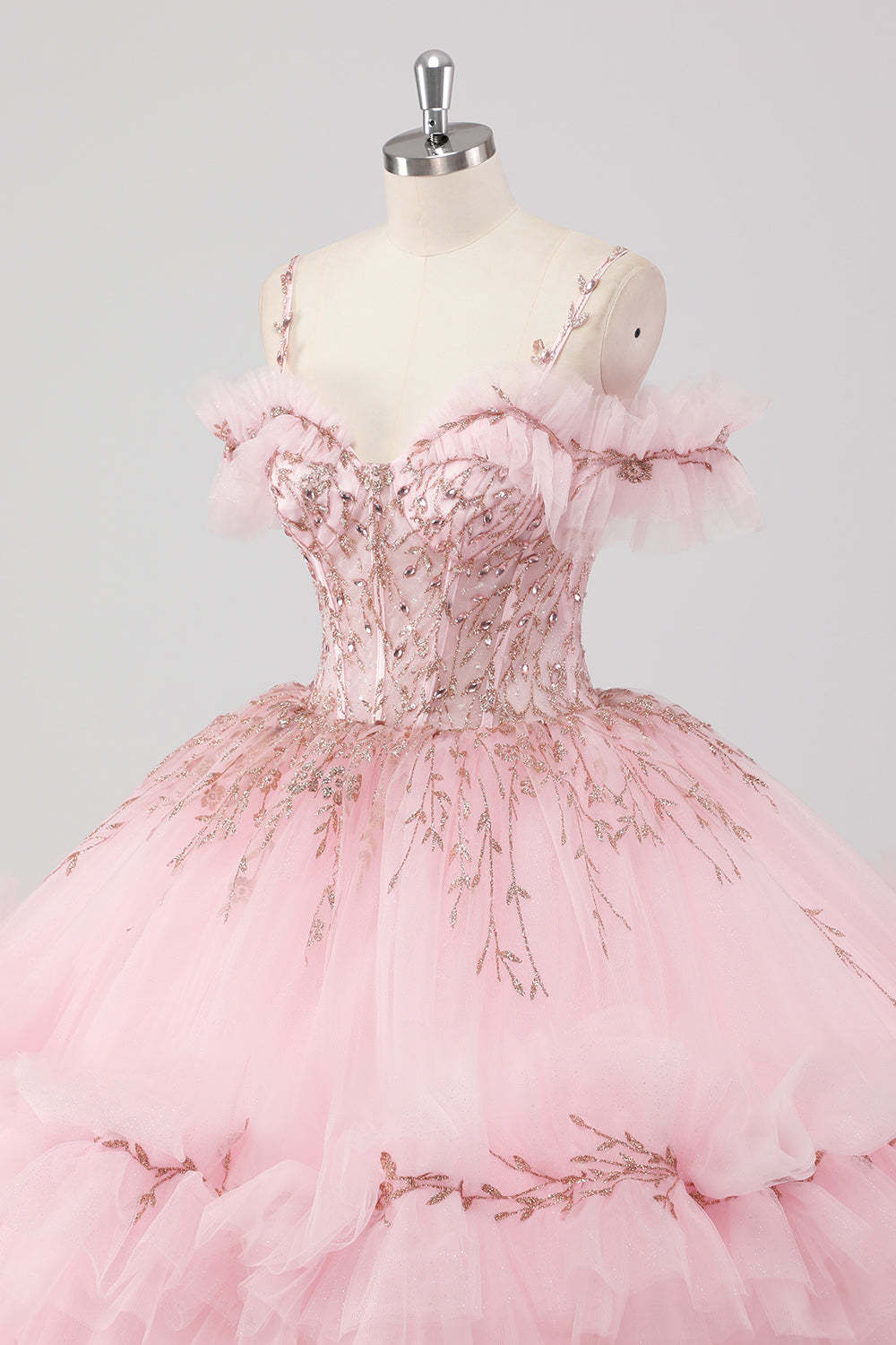Blush Cold Shoulder Corset Ruffles Beaded Ball Gown Quinceañera Dress