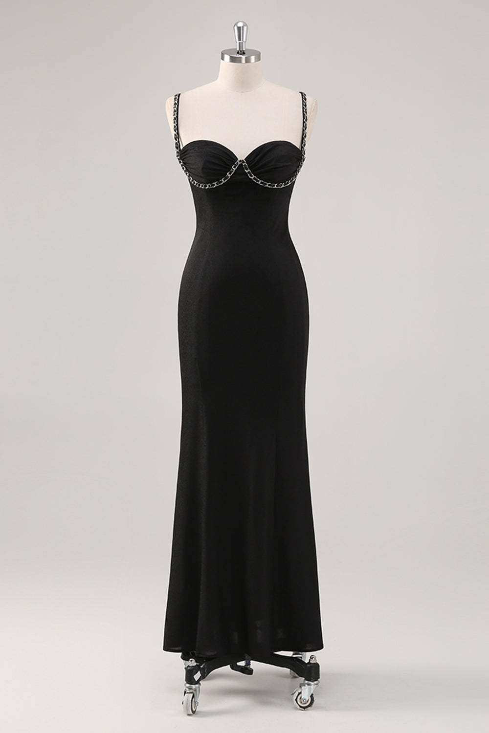 Leely Women Black Corset Sheath Formal Dress with Chain Spaghetti Straps Long Wedding Guest Dress