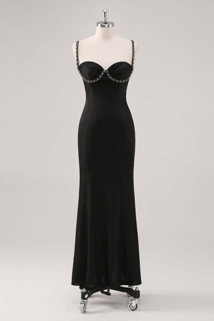 Leely Women Black Corset Sheath Formal Dress with Chain Spaghetti Straps Long Wedding Guest Dress