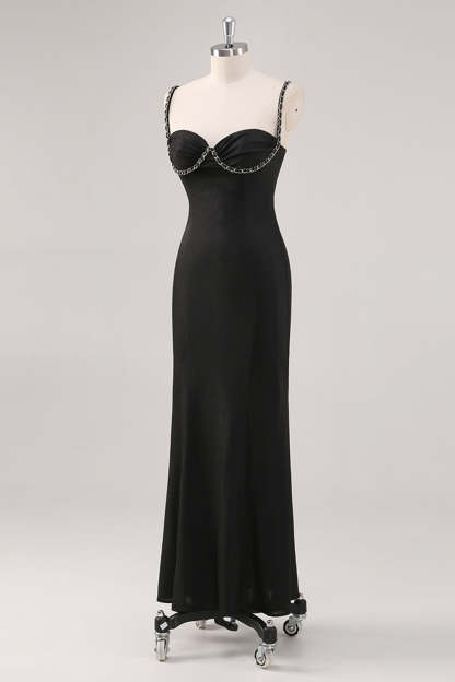 Black Spaghetti Straps Corset Sheath Formal Dress