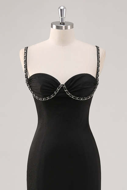 Black Spaghetti Straps Corset Sheath Formal Dress