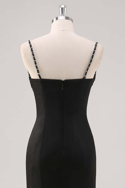 Black Spaghetti Straps Corset Sheath Formal Dress