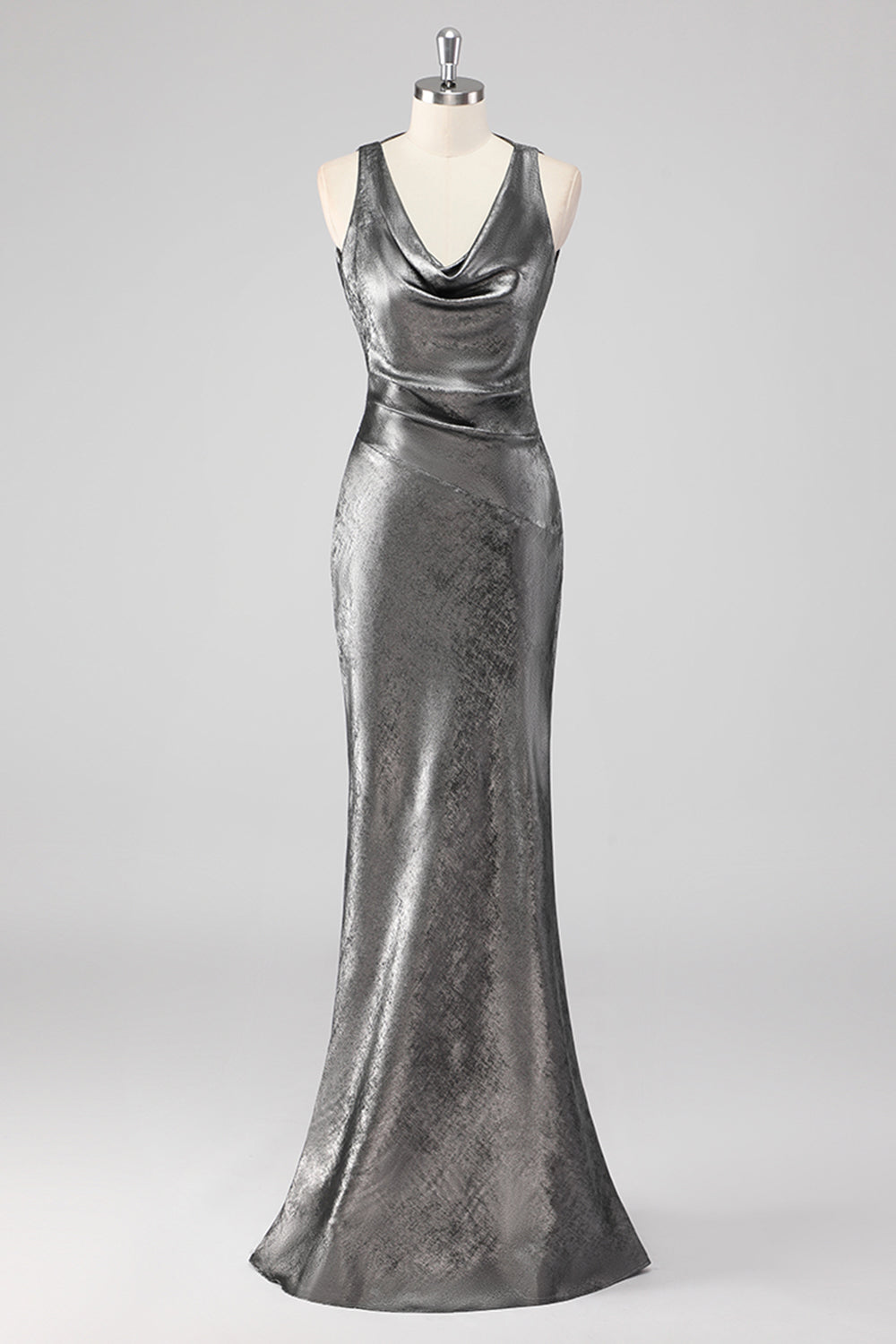 Leely Women Silver Grey Metallic Mermaid Maxi Formal Dress V Neck Backless Wedding Guest Dress