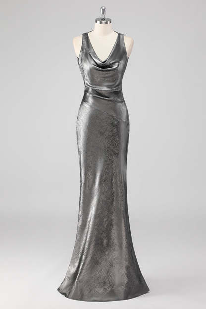 Leely Women Silver Grey Metallic Mermaid Maxi Formal Dress V Neck Backless Wedding Guest Dress