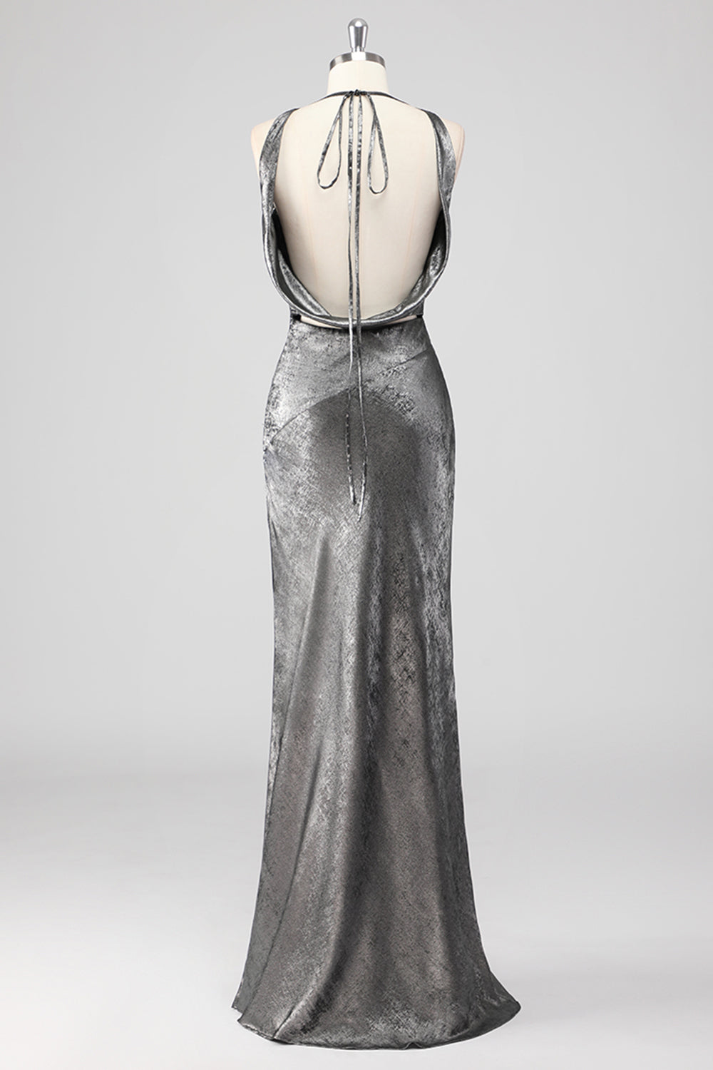 Silver Grey Metallic V Neck Mermaid Maxi Formal Dress