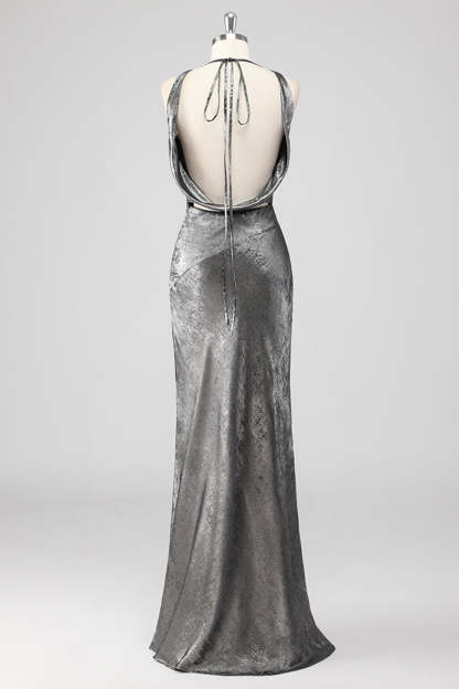 Silver Grey Metallic V Neck Mermaid Maxi Formal Dress