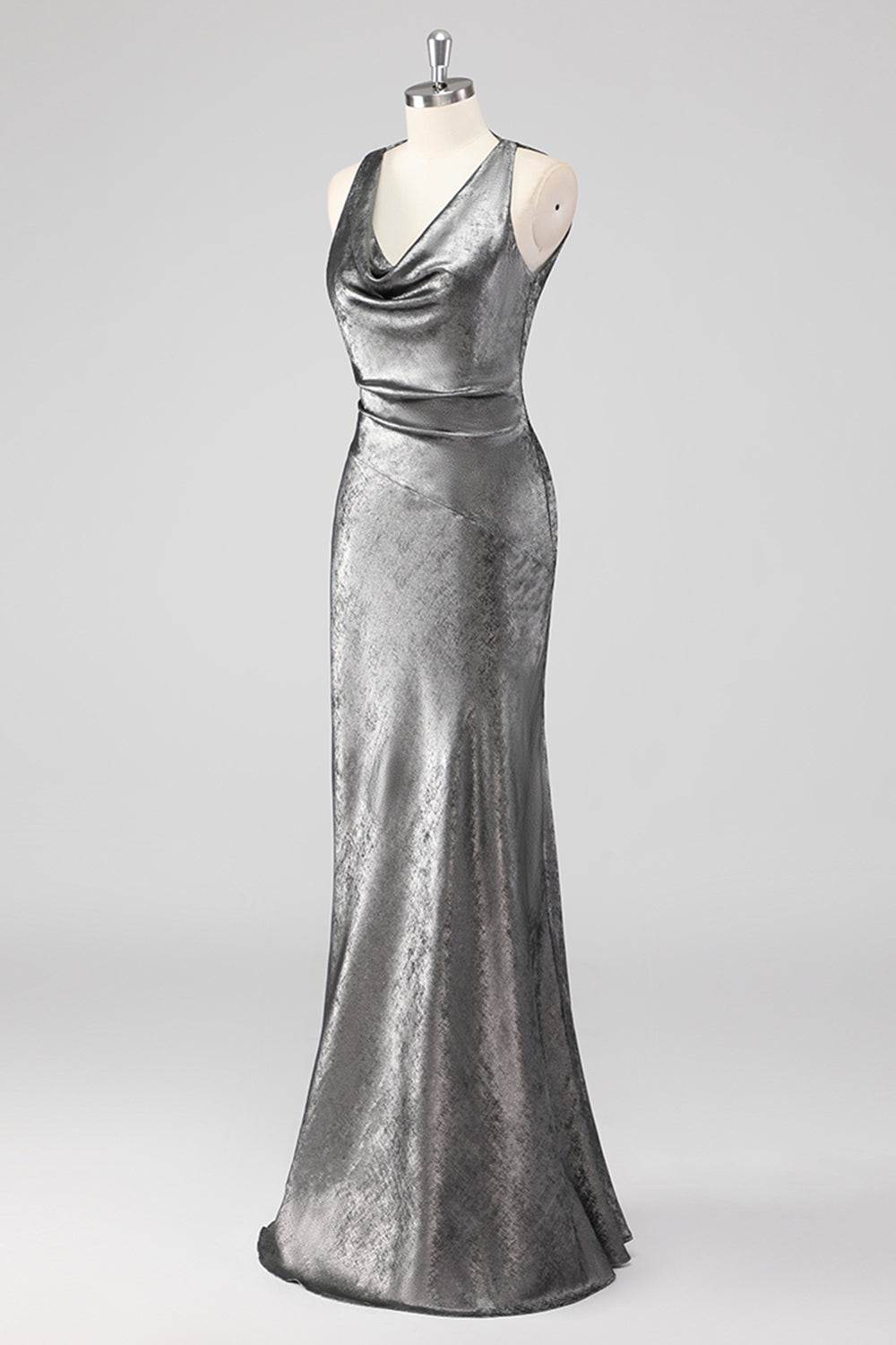 Silver Grey Metallic V Neck Mermaid Maxi Formal Dress