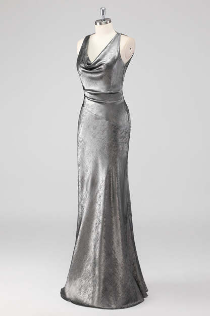 Silver Grey Metallic V Neck Mermaid Maxi Formal Dress
