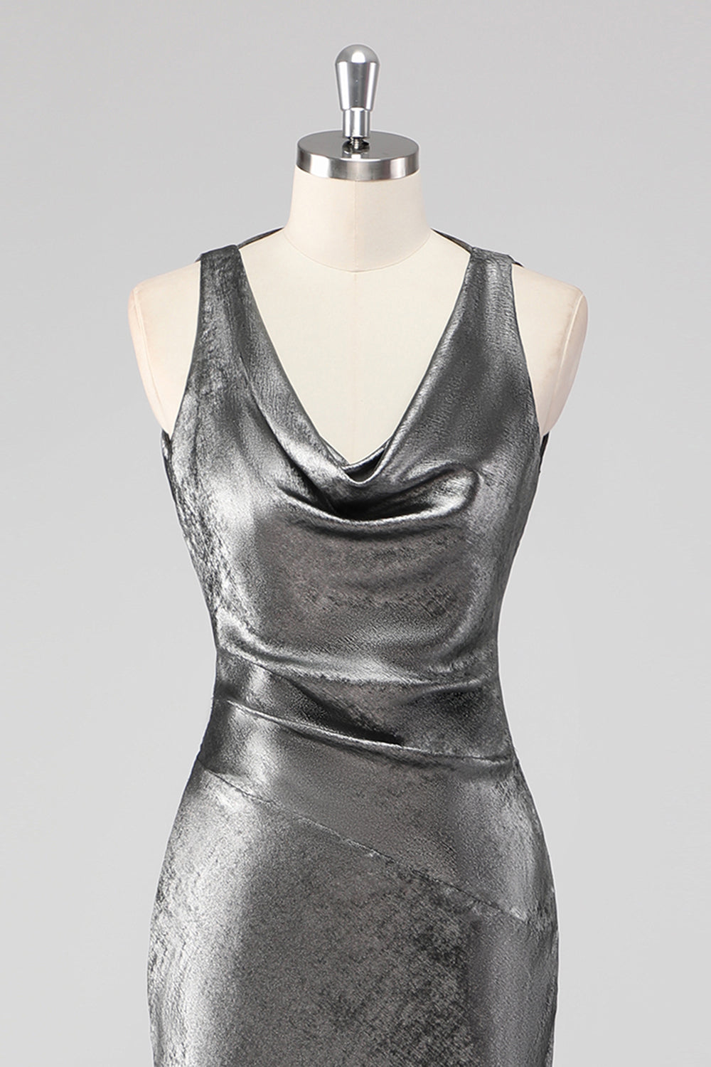Silver Grey Metallic V Neck Mermaid Maxi Formal Dress