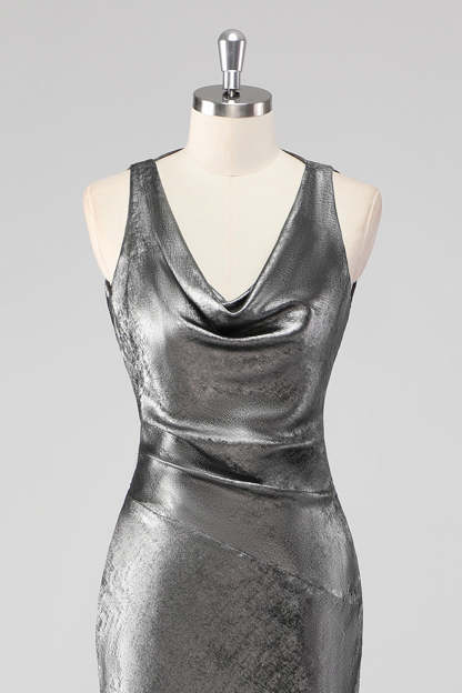 Silver Grey Metallic V Neck Mermaid Maxi Formal Dress