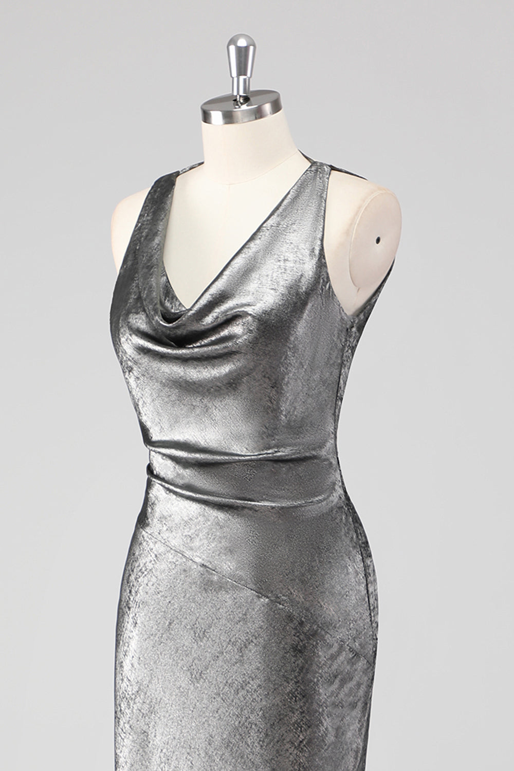 Silver Grey Metallic V Neck Mermaid Maxi Formal Dress