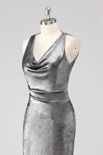 Silver Grey Metallic V Neck Mermaid Maxi Formal Dress