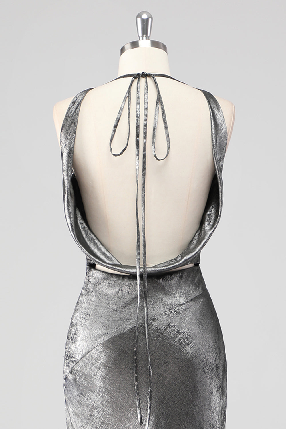 Silver Grey Metallic V Neck Mermaid Maxi Formal Dress