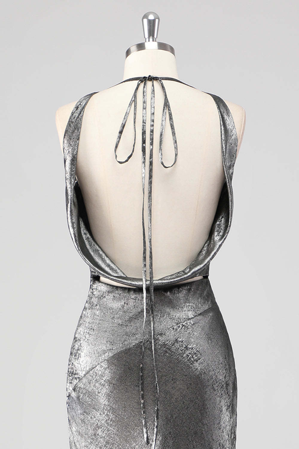 Silver Grey Metallic V Neck Mermaid Maxi Formal Dress