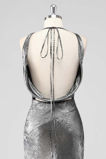 Silver Grey Metallic V Neck Mermaid Maxi Formal Dress