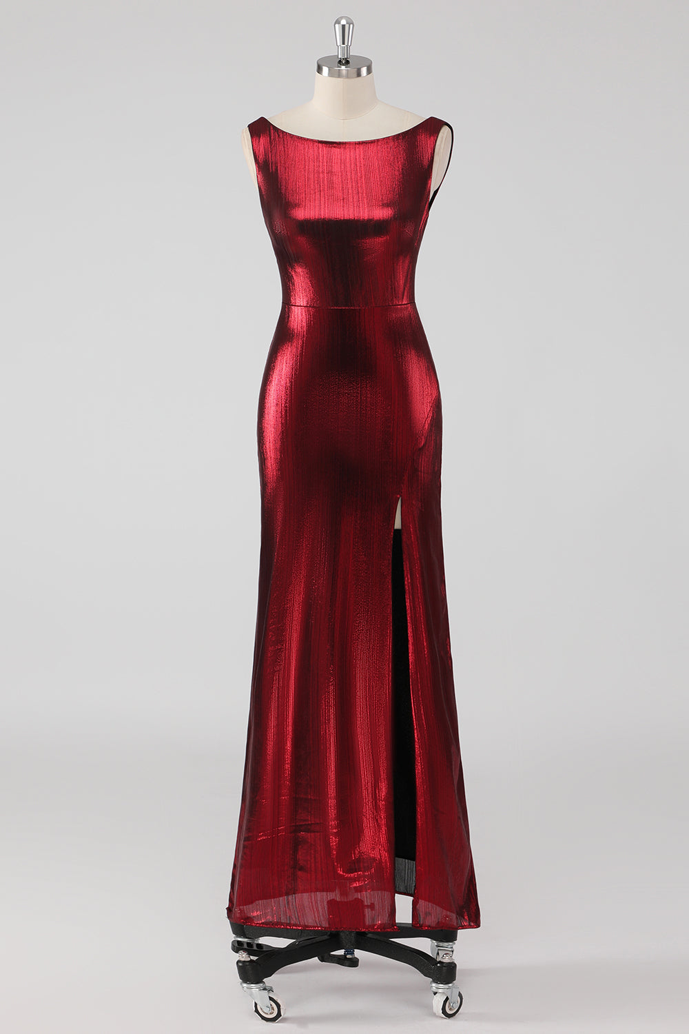 Leely Women Burgundy Satin Round Neck Sheath Formal Dress with Slit