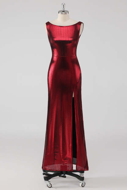 Leely Women Burgundy Satin Round Neck Sheath Formal Dress with Slit
