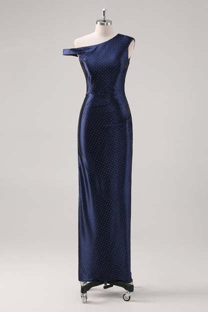 Leely Women Navy Sheath Maxi Formal Dress with Rhinestones One Shoulder Wedding Guest Dress with Back Slit