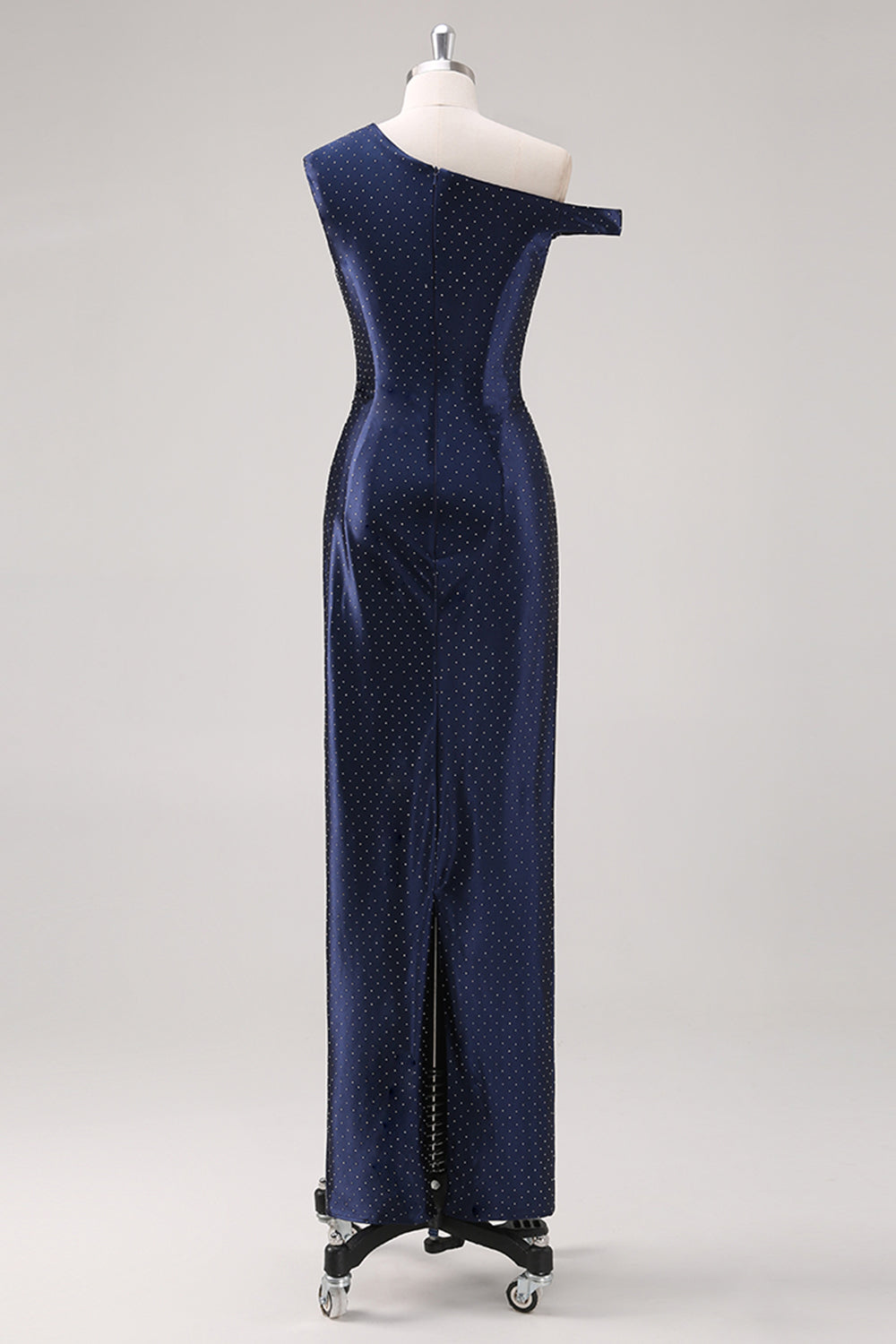 Navy One Shoulder Sheath Maxi Formal Dress with Rhinestones
