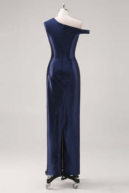 Navy One Shoulder Sheath Maxi Formal Dress with Rhinestones