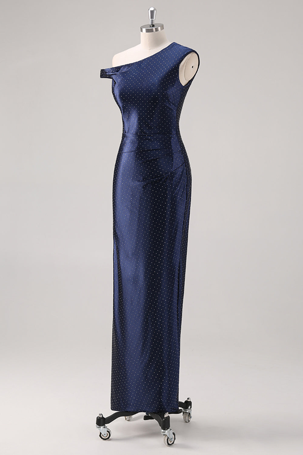 Navy One Shoulder Sheath Maxi Formal Dress with Rhinestones