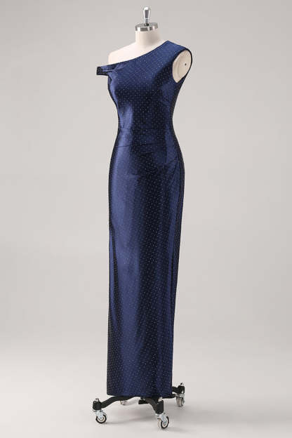 Navy One Shoulder Sheath Maxi Formal Dress with Rhinestones