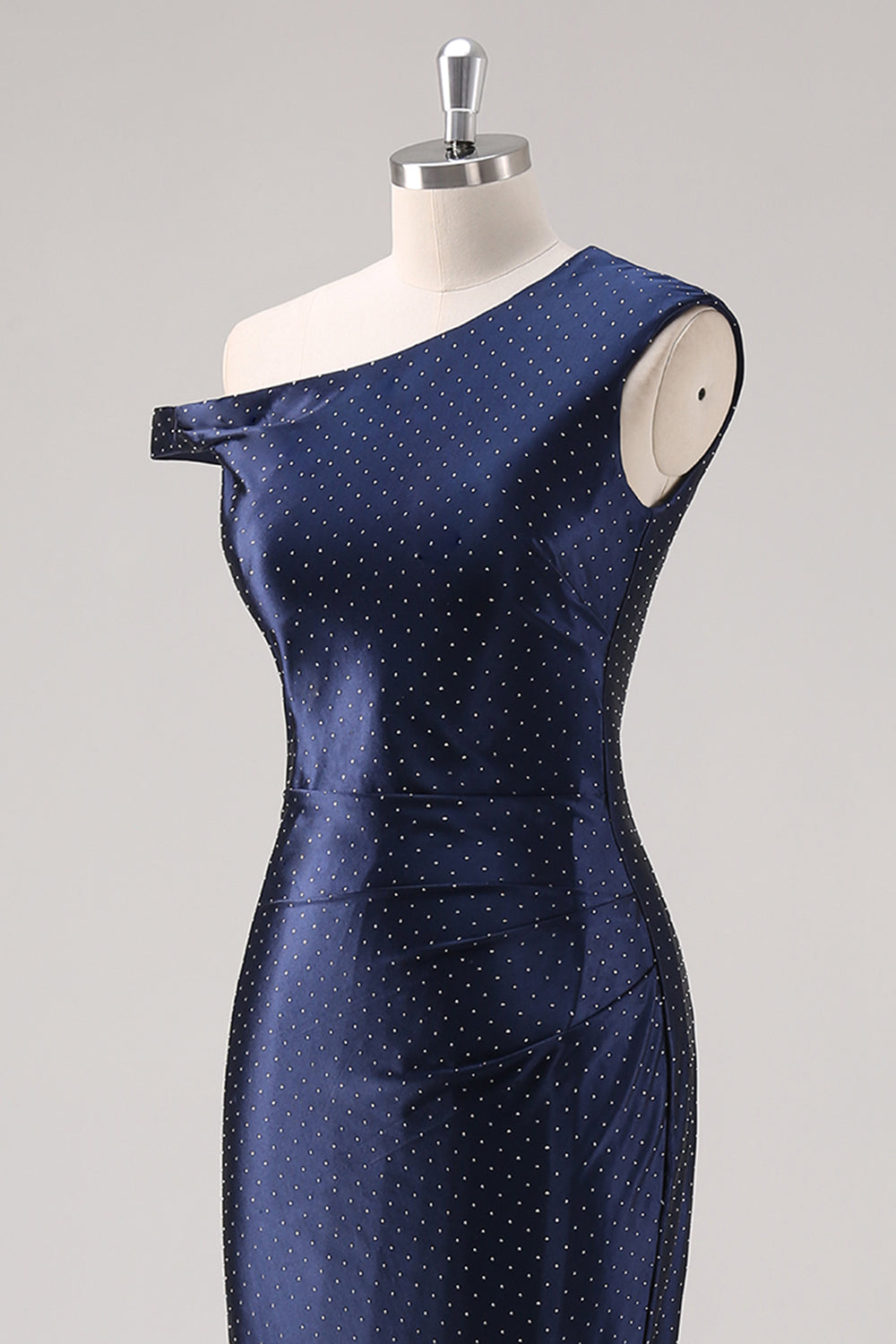 Navy One Shoulder Sheath Maxi Formal Dress with Rhinestones