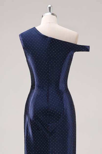 Navy One Shoulder Sheath Maxi Formal Dress with Rhinestones