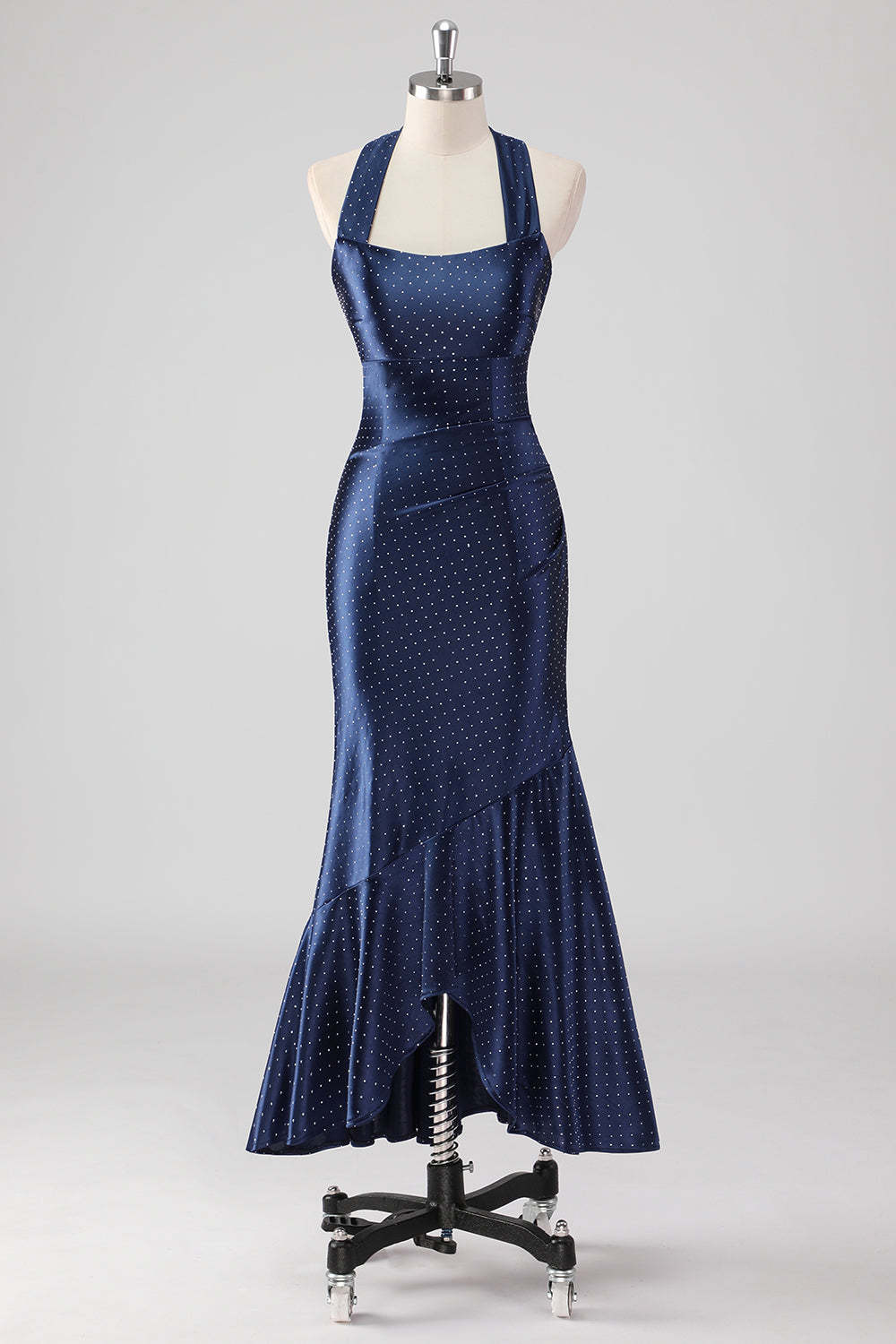 Leely Women Glitter Navy Halter Mermaid Formal Dress Tea Length Wedding Guest Dress with Bow