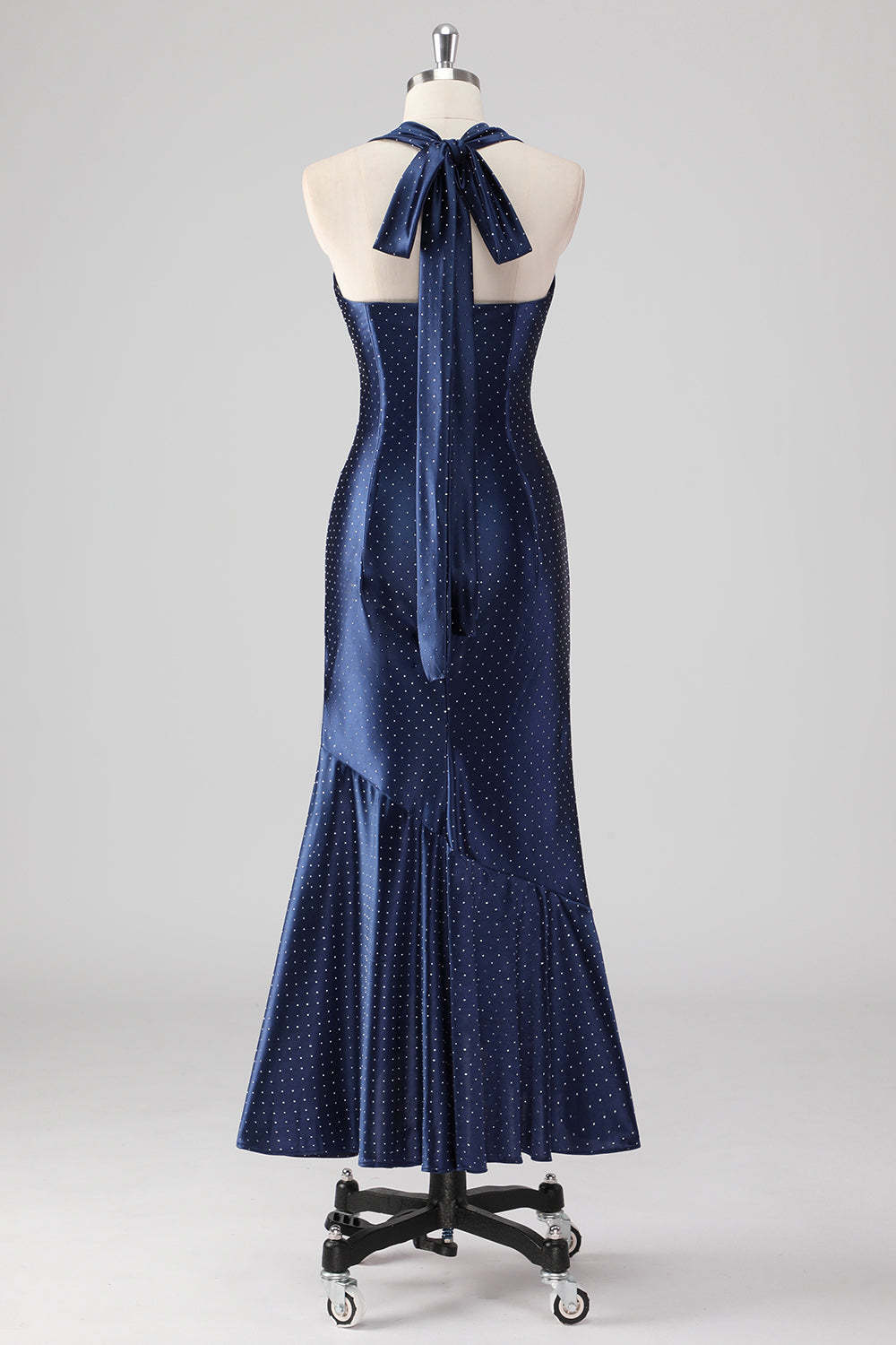 Glitter Navy Halter Mermaid Tea Length Formal Dress