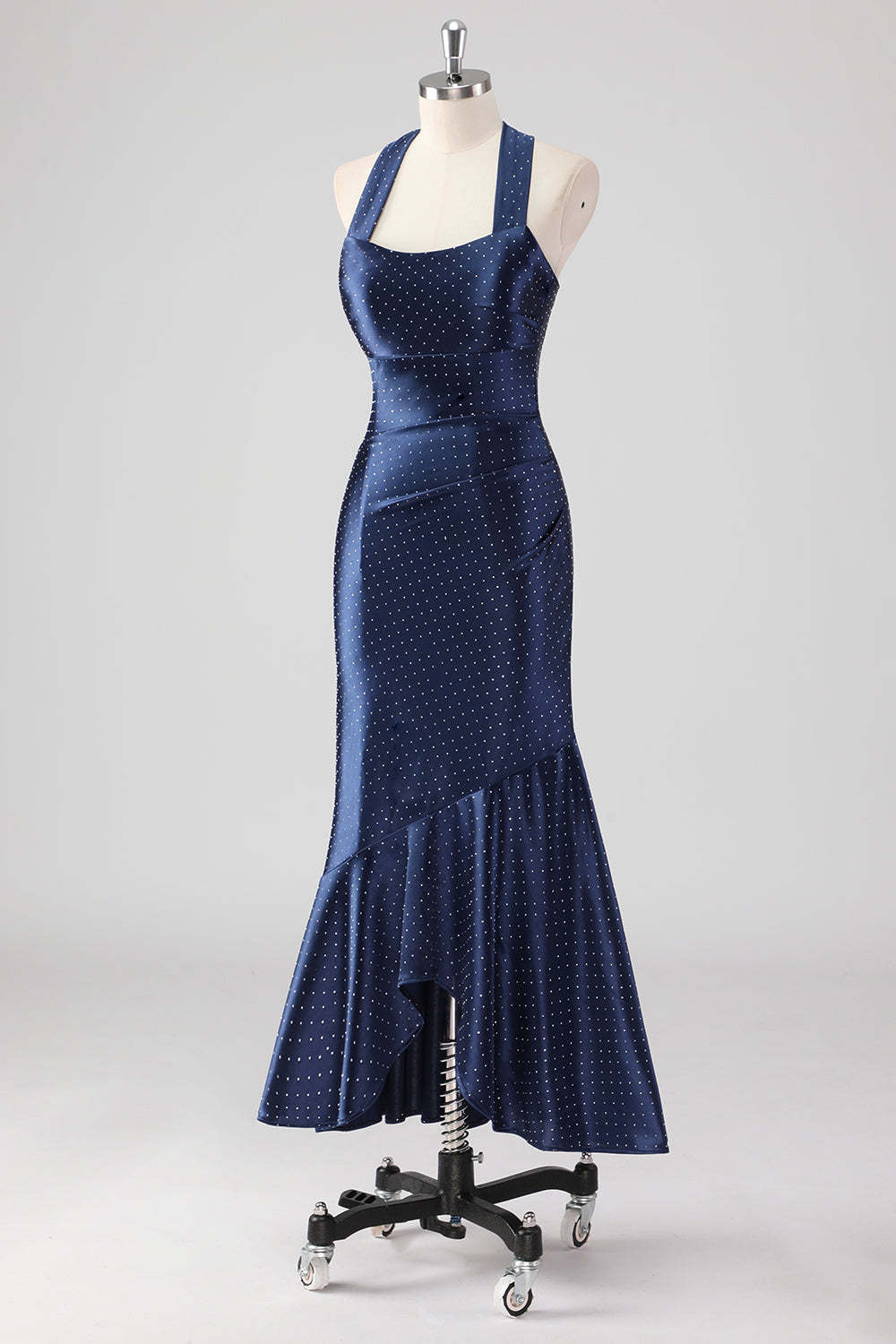 Glitter Navy Halter Mermaid Tea Length Formal Dress