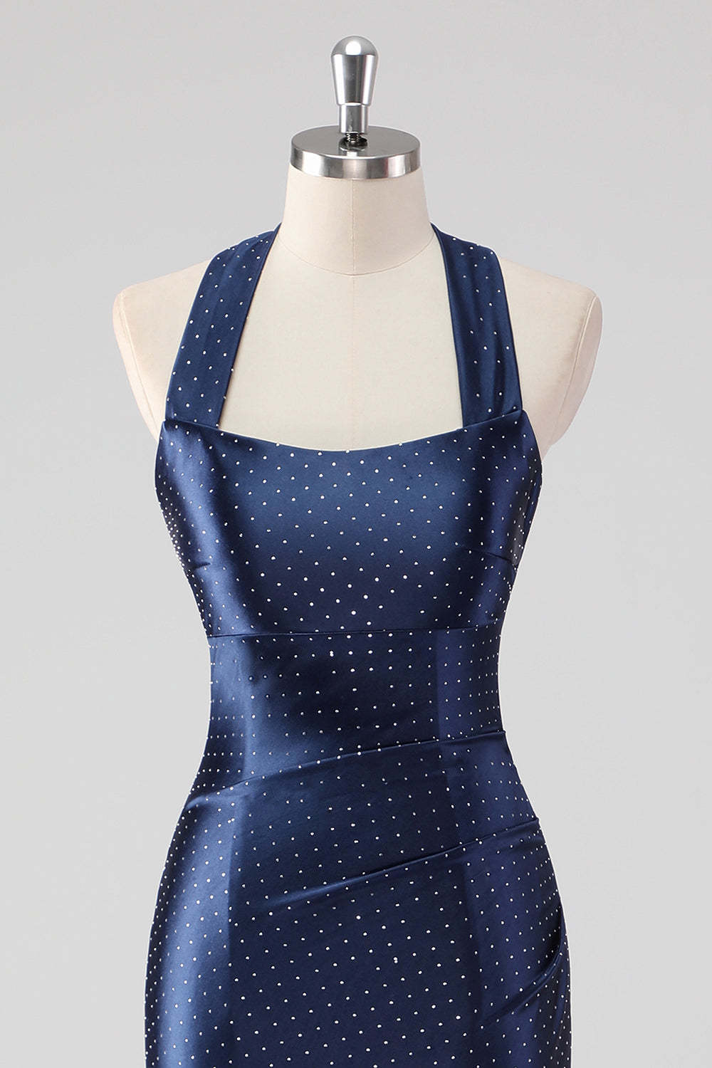 Glitter Navy Halter Mermaid Tea Length Formal Dress
